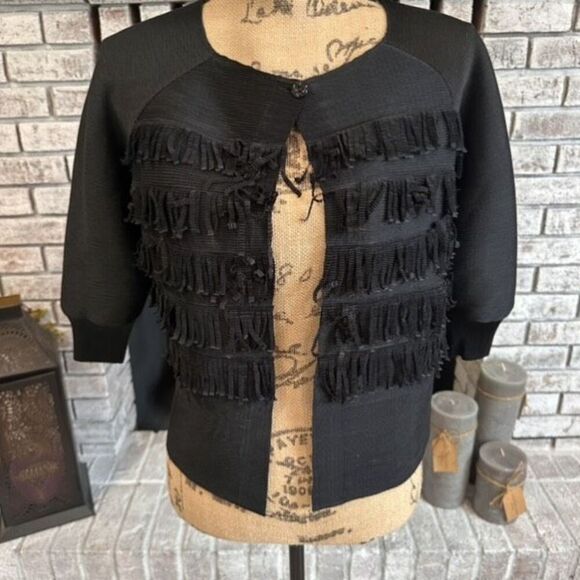 Black Silk Fringe Crepe Crinkle Textured Bolero Cardigan Jacket Artsy Cropped - Picture 1 of 8